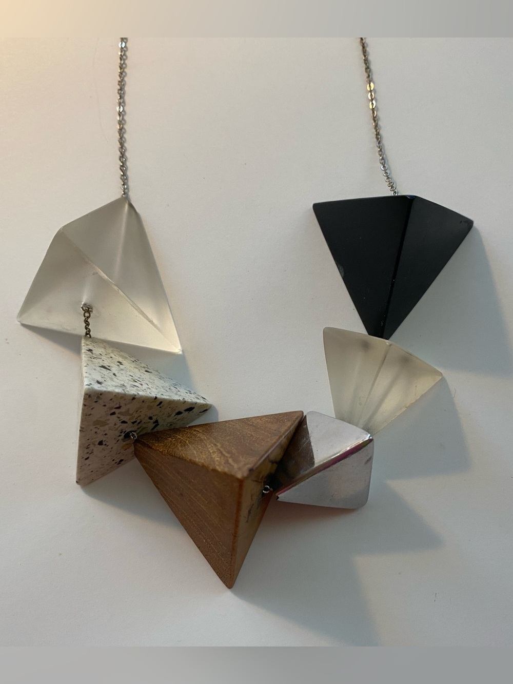 Architectural Multi-Material Pendant Necklace - Black, Clear, Silver,